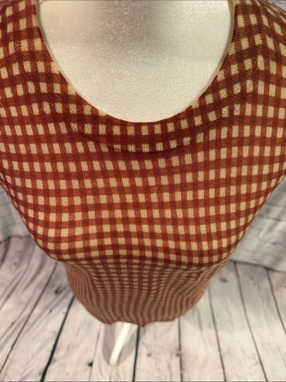 J. Crew Rust and Cream Gingham Crewneck Sweater